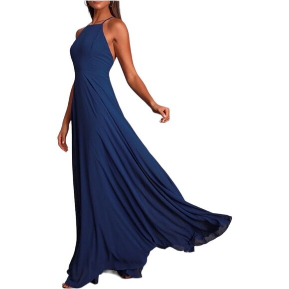Lulus Mythical Kind of Love Chiffon Flowy Blue Halter Neck Maxi Gown Dress Sz S - Picture 9 of 15
